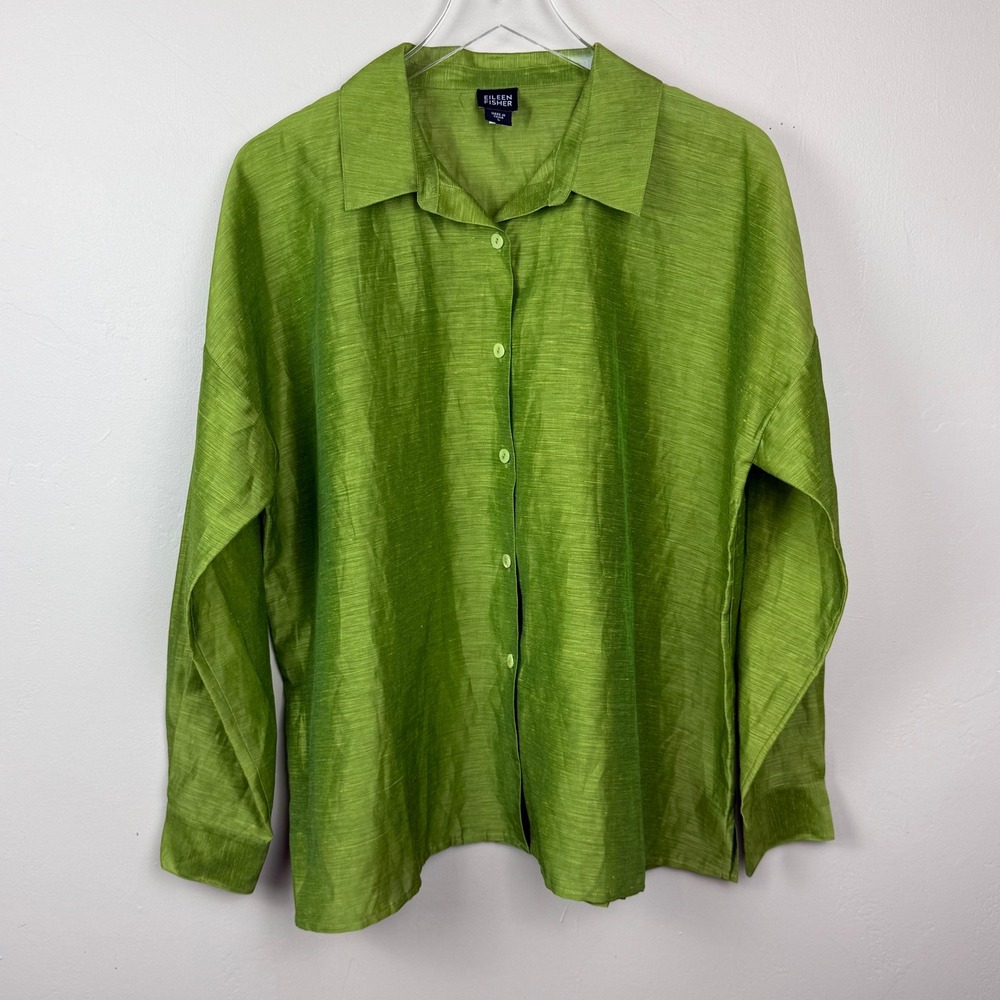 Eileen Fisher Sheer Blouse Womens L Green Linen Blend Slub Shirt Lagenlook Bold